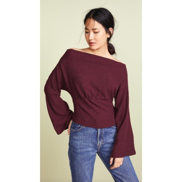 We The Free / Free People Crazy On You Thermal Knit Off Shoulder Sweater in Wine - Picture 5 of 12